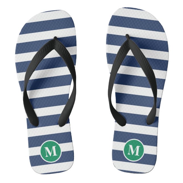 Classic Monogram Navy Blue and Green Stripes Flip Flops (Footbed)