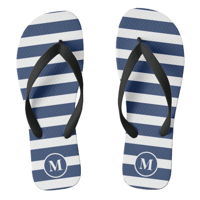 Classic Monogram Navy Blue and White Stripes Flip  Flip Flops (Footbed)