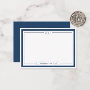 Classic Monogram Navy Blue Border Stationery Card