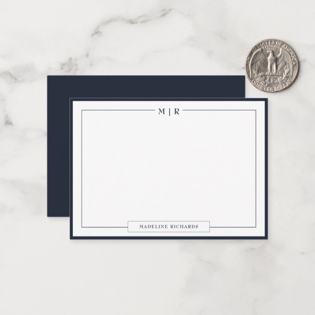 Classic Monogram Navy Blue Border Stationery Card (Front/Back In Situ)