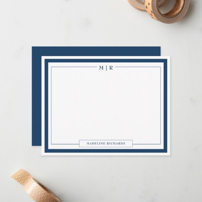 Classic Monogram Navy Blue Border Stationery Card (Front/Back In Situ)