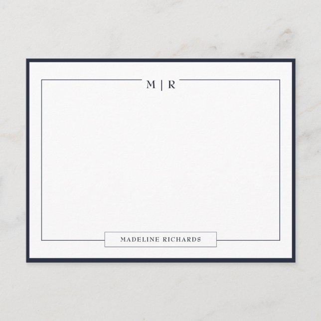 Classic Monogram Navy Blue Border Stationery Postcard (Front)