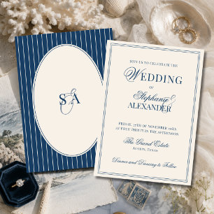 Classic Monogram Navy Blue Ivory Old Money Wedding Invitation