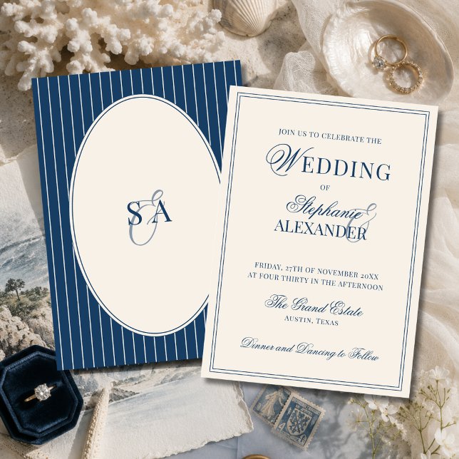 Classic Monogram Navy Blue Ivory Old Money Wedding Invitation (Creator Uploaded)