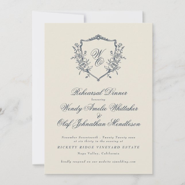 Classic Monogram Navy Blue Rehearsal Dinner Invitation (Front)
