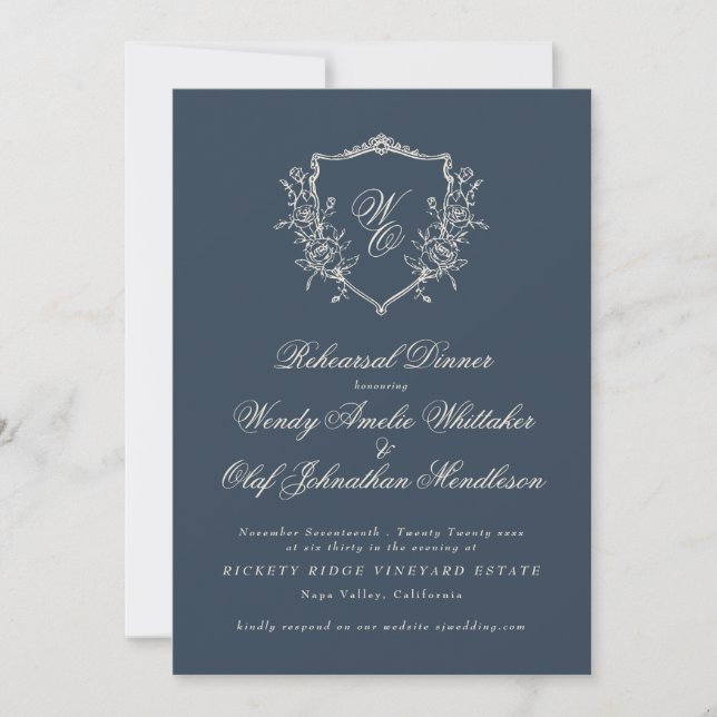Classic Monogram Navy Blue Rehearsal Dinner Invitation (Front)