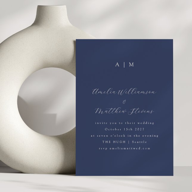 Classic Monogram Navy Blue Script Wedding Invitation (Creator Uploaded)