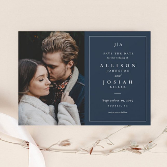 Classic Monogram Navy Blue Wedding Photo Save The Date (Elegant Navy Blue Photo Wedding Monogram Save the Date Card.)