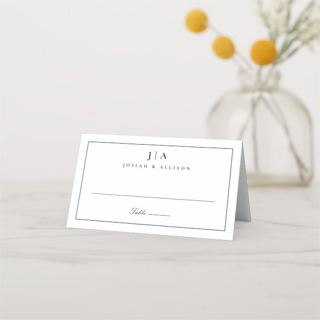 Classic Monogram Navy Blue Wedding Place Card (Front)