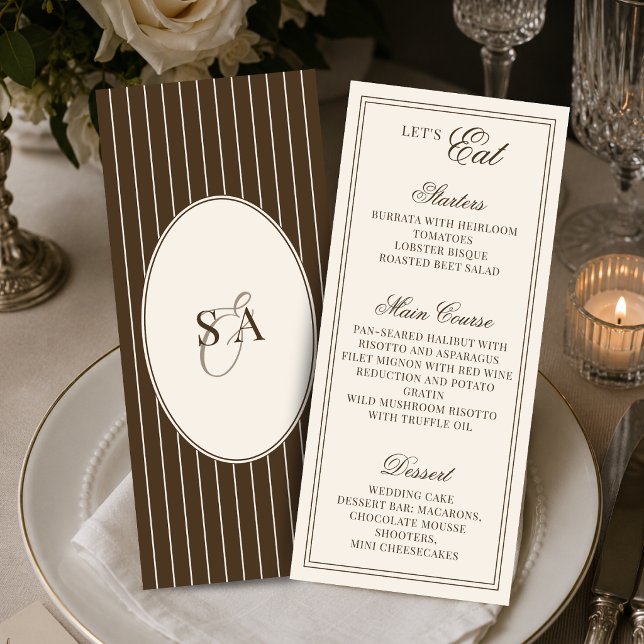 Classic Monogram Old Money Brown & Ivory Wedding Menu (Creator Uploaded)