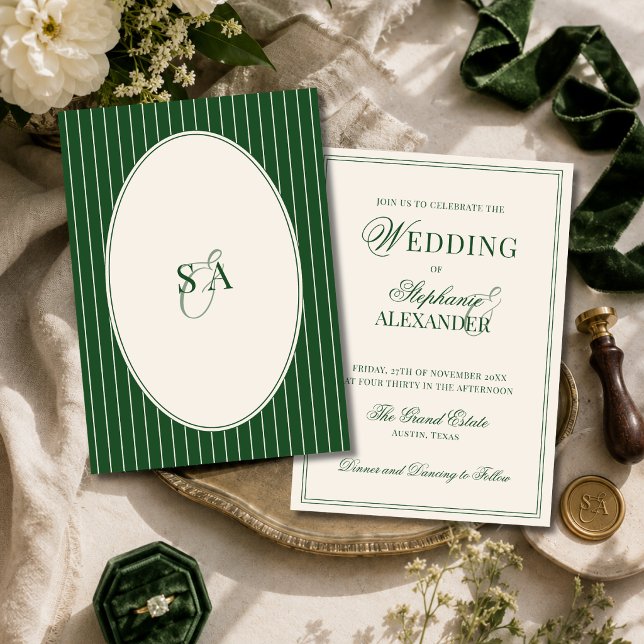 Classic Monogram Old Money Emerald Green Wedding Invitation (Creator Uploaded)