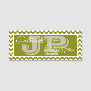 Classic Monogram Olive Green Chevron: Professional Name Tag