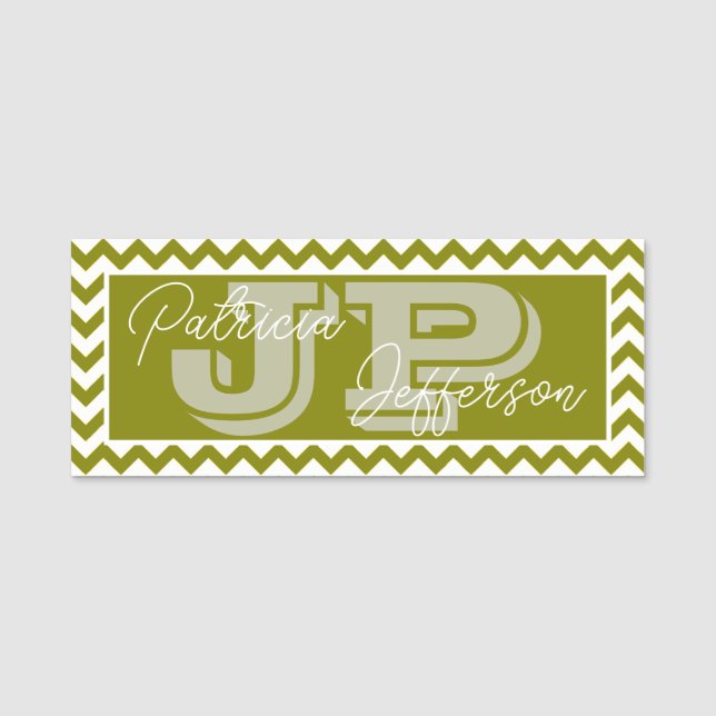 Classic Monogram Olive Green Chevron: Professional Name Tag (Front)