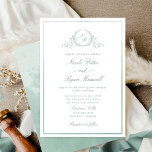 Classic Monogram Pale Green Watercolor Wedding Invitation<br><div class="desc">Delight friends and family with this elegant wedding invitation showcasing exquisite fine hand drawn leafy botanical monogram with bride and groom's initials. Front invitation trimmed with thin pale green hues watercolor frame, while invitation's back featuring beautiful watercolor wash in pale, light green sage hues. Clean and simple design full of...</div>