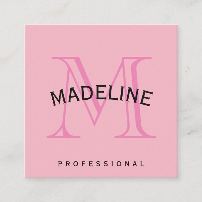 Classic Monogram Pink with Arc Text Square Business Card (Front)
