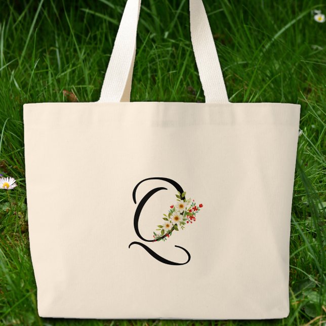Classic monogram Q red white flower mother gift  Large Tote Bag (Creator Uploaded)