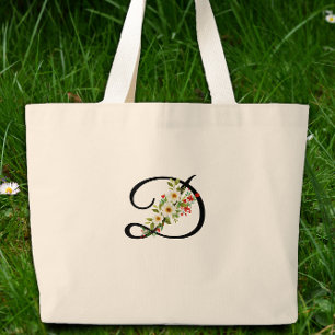 Classic monogram red white flower mother gift large tote bag