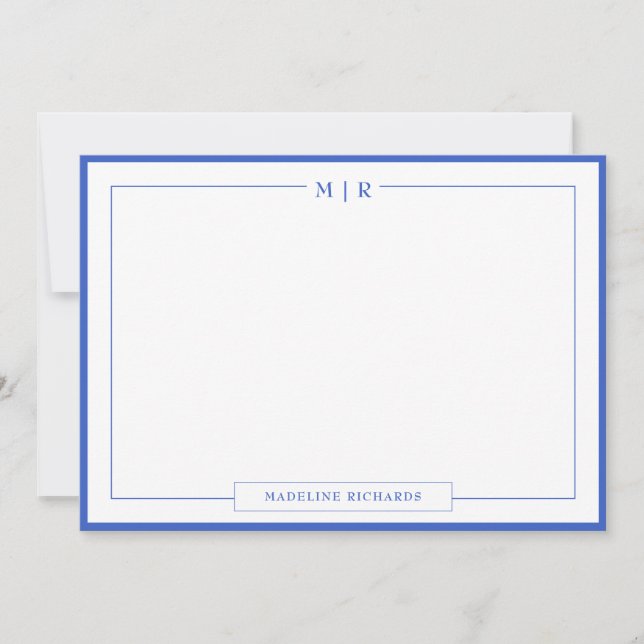 Classic Monogram Royal Blue Border Stationery Note Card (Front)