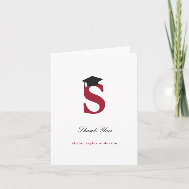 Classic Monogram S Graduation Cap Photo Modern Thank You Card (Front)