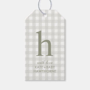 Classic Monogram Sage Green Gingham Baby Shower Gift Tags