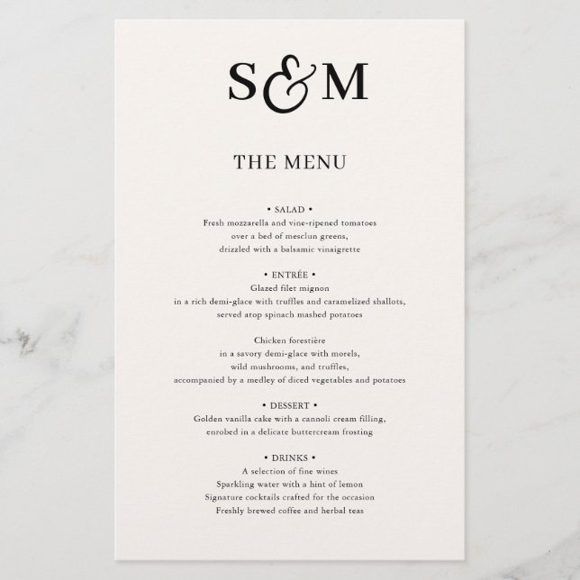 Classic Monogram Script Ampersand Wedding Menu (Front)