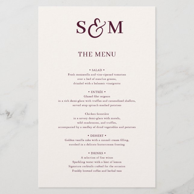 Classic Monogram Script Ampersand Wedding Menu (Front)