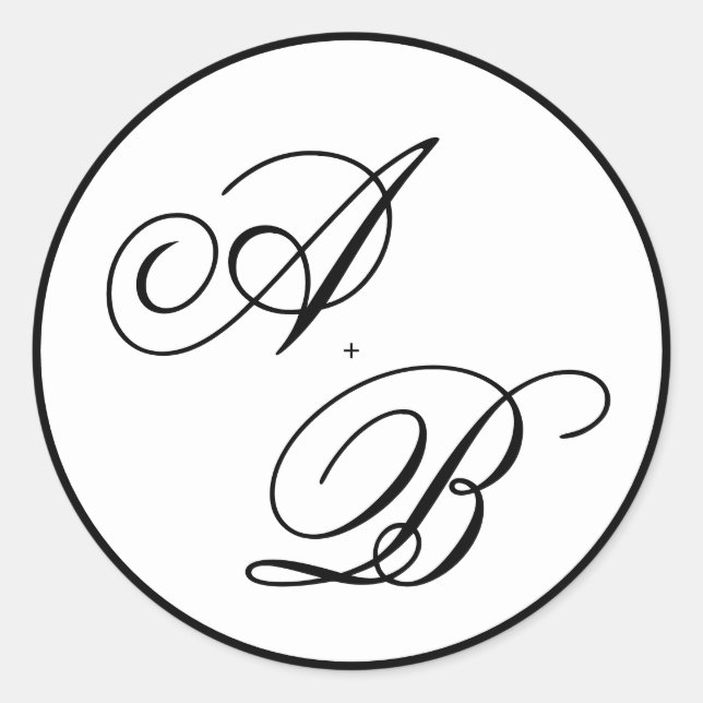 Classic Monogram Script Black & White Wedding Classic Round Sticker (Front)