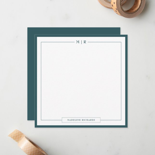 Classic Monogram Smoke Green Border Stationery Card (Front/Back In Situ)