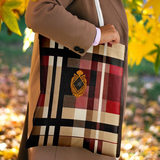 Classic Monogram Stylish Plaid Beige Red & Black  Tote Bag (Creator Uploaded)