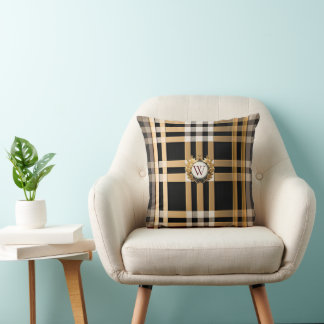 Classic Monogram Stylish Plaid Grey, Black & Beige Cushion