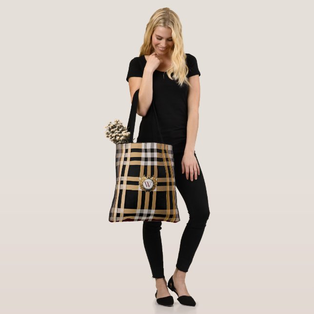 Classic Monogram Stylish Plaid Grey, Black & Beige Tote Bag (On Model)