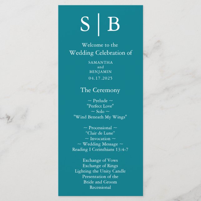 Classic Monogram Teal Wedding Programme (Front)
