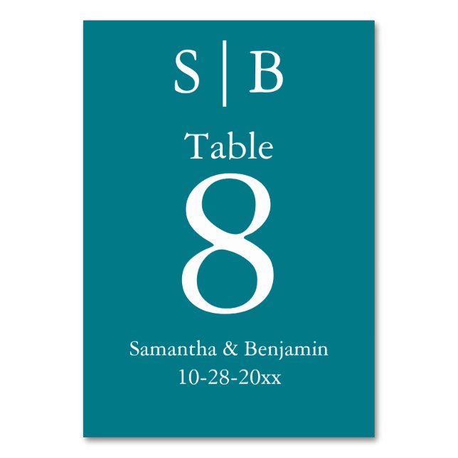 Classic Monogram Teal Wedding Table Number (Front)