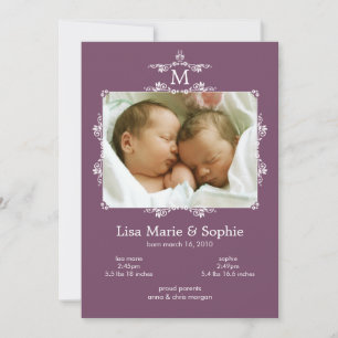 Classic Monogram Twins Photo Birth Announcement
