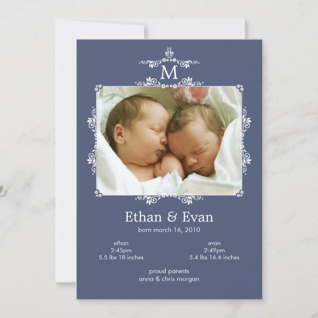 Classic Monogram Twins Photo Birth Announcement (Front)