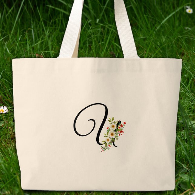Classic monogram U red white flower mother gift  Large Tote Bag (Creator Uploaded)