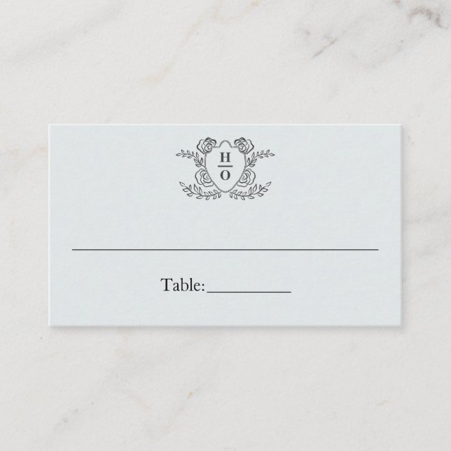 Classic Monogram Vintage Crest Blue Wedding Place Card (Front)