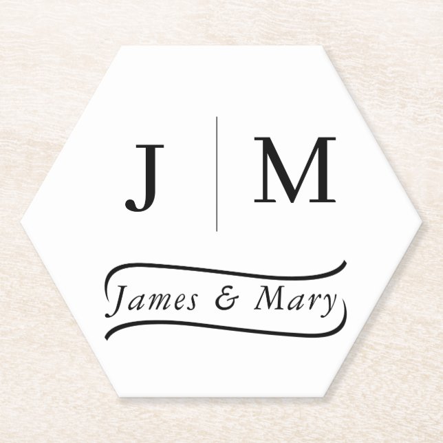 Classic Monogram Wedding Calligraphy line Paper Coaster (Front)