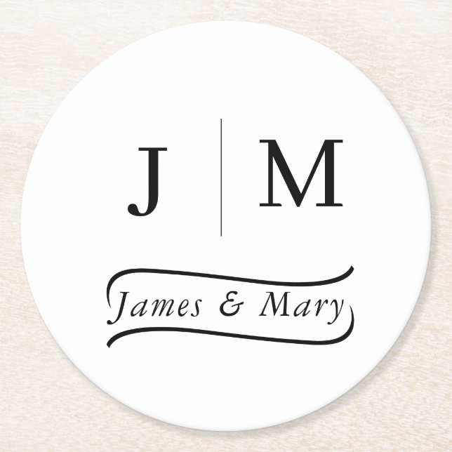 Classic Monogram Wedding Calligraphy line Round Paper Coaster (Front)