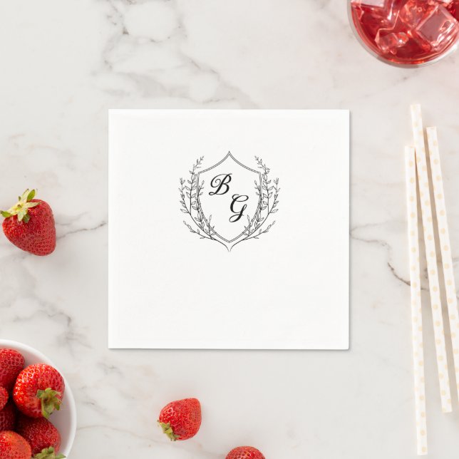 Classic monogram wedding crest black and white napkin (Insitu)