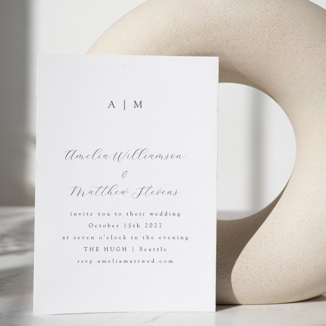 Classic Monogram White Black Script Wedding Invitation (Creator Uploaded)