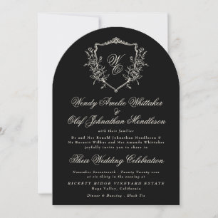 Classic Monogram Wreath Black White Arch Wedding Invitation
