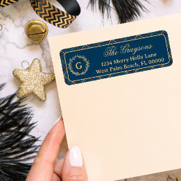 Classic Monogram Wreath Blue Plaid Christmas