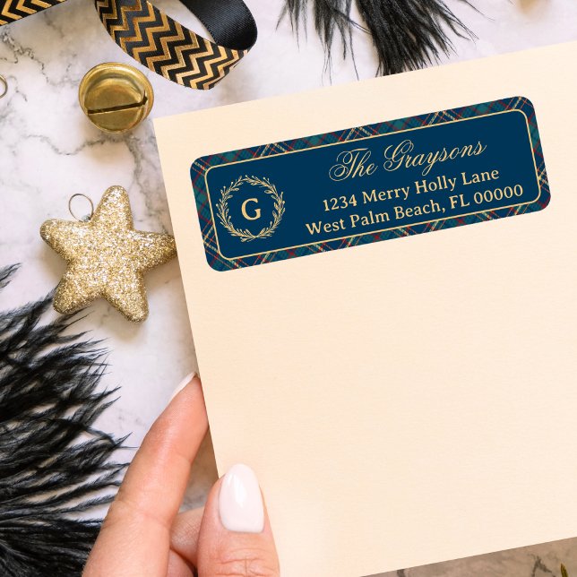 Classic Monogram Wreath Blue Plaid Christmas (Creator Uploaded)