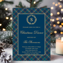 Classic Monogram Wreath Blue Plaid Christmas Party