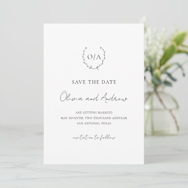 Classic Monogram Wreath Crest Elegant Wedding Save The Date (Standing Front)