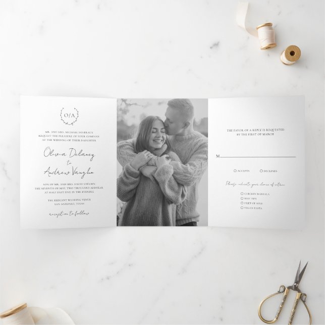 Classic Monogram Wreath Crest Elegant Wedding Tri-Fold Invitation (Inside)