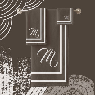 Classic Monogramed Rich Dark Brown/White Bath Towel Set