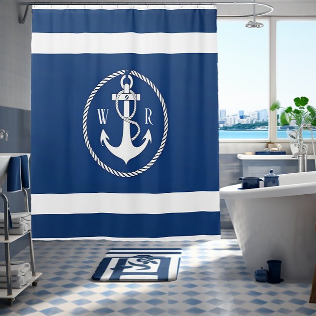 Classic Monogrammed Nautical Navy Blue and White  Shower Curtain (Creator Uploaded)