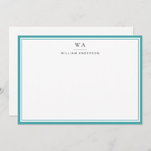 Classic Monogrammed Teal Blue Stationery Note   Card